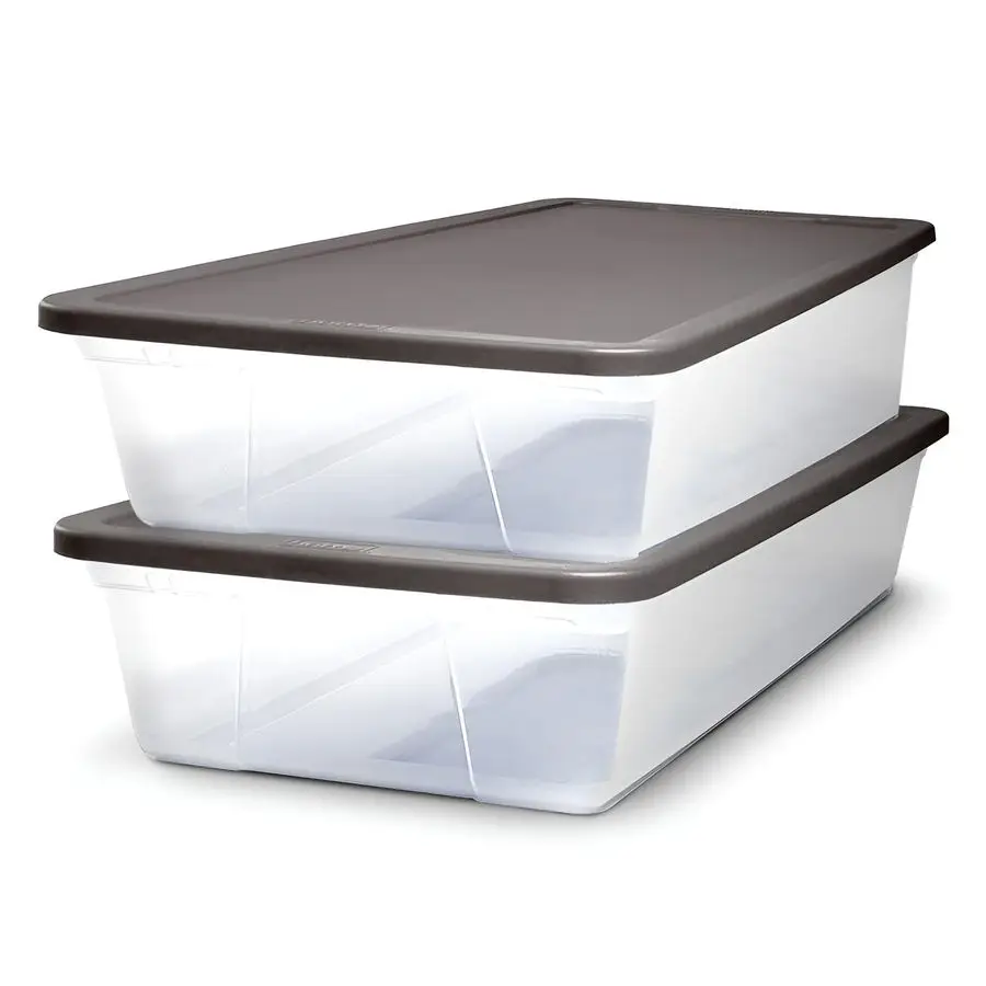 

2Pack Snaplock, Small Clear Plastic Storage Organizer Bins w Lids, 28 Quart, Gray Stackable Container Boxes for Bedroom, Bathroo