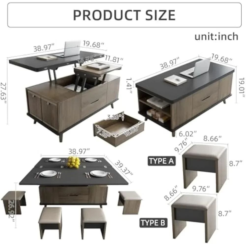 Multifunctional Lift Top Coffee Table with Four Stools,Center Table with Hidden Storage Compartments