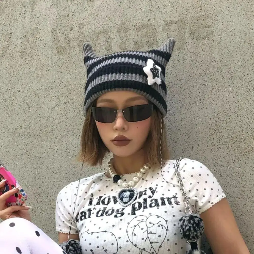 

Hip-hop Striped Autumn Beanies Crochet Cat Ear Cap Pointed Pullover Women's Hats Gothic Y2K Punk Striped Knitted Caps Ladies Hat