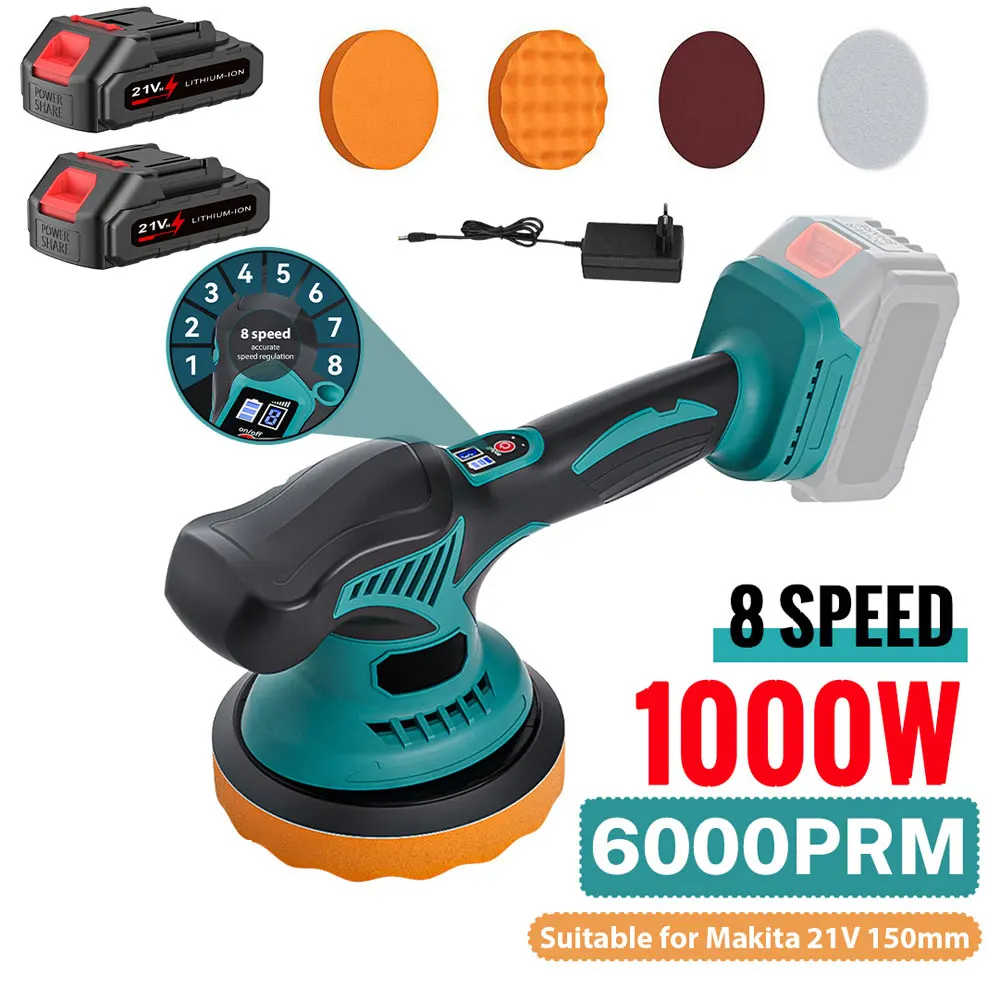Lucidatrice per auto senza fili, 6000 giri/min, 8 velocità regolabili, macchina elettrica a batteria al litio per lucidatura, ceratura e levigatura, kit di utensili elettrici ricaricabili.