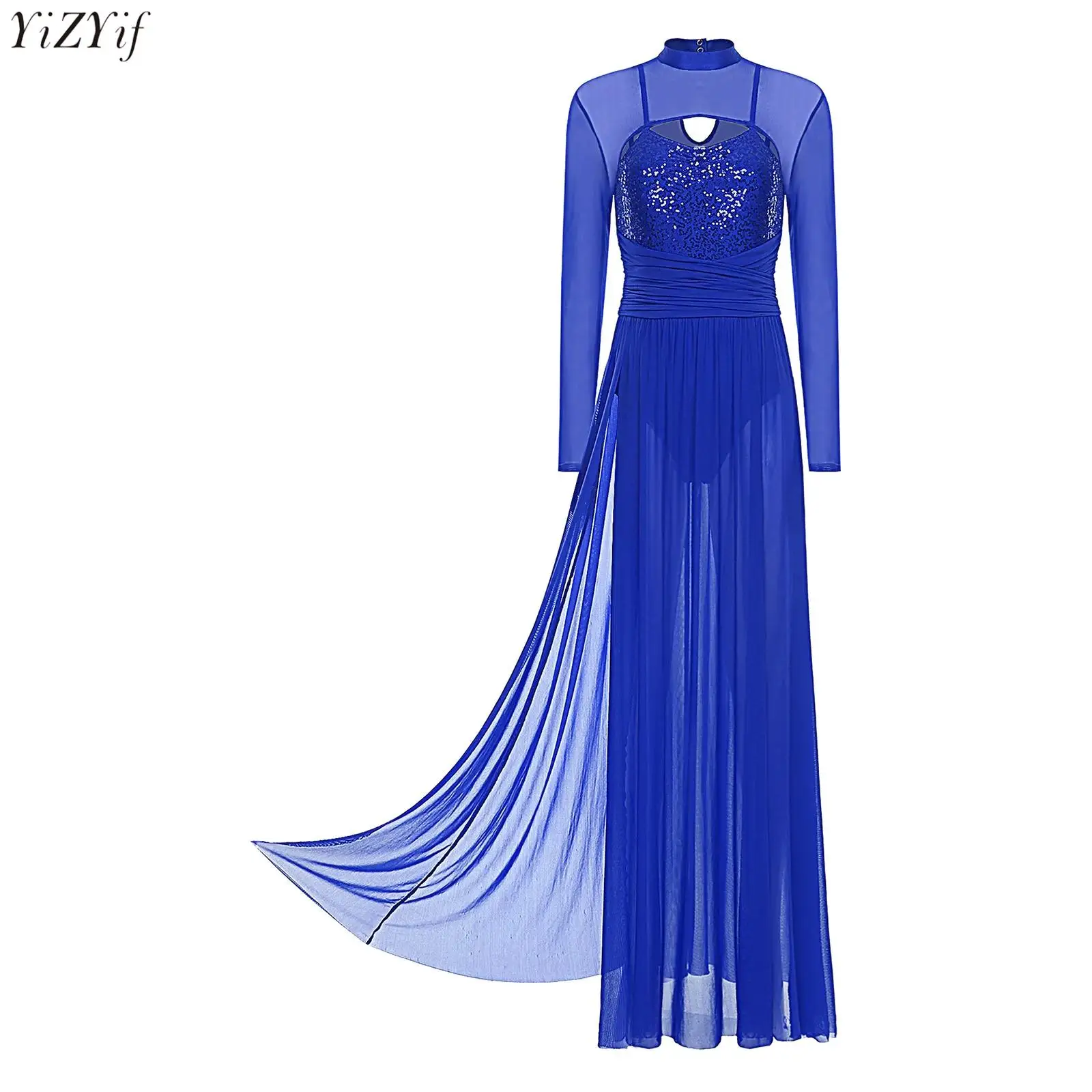 

Women Lyrical Dance Dress Sequin Long Sleeve Mesh Tulle Flowy Maxi Long Dress with Built-In Briefs Morden Contemporary Dancewear