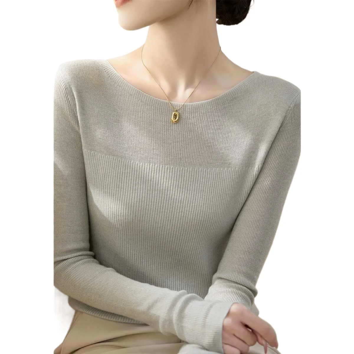 

Spring and Summer 2026 New Long-sleeved Wool Top Versatile Solid Color Design Sense One-word Collar with Bottom Knitted Sweater