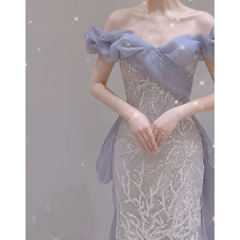 Vestido de Noche Largo de Verano 2026 para Mujer, Nuevo, con un Solo Hombro, Brillante, Estilo Cola de Pez, Elegante, Estilizador, para Fiesta o Brindis Nupcial