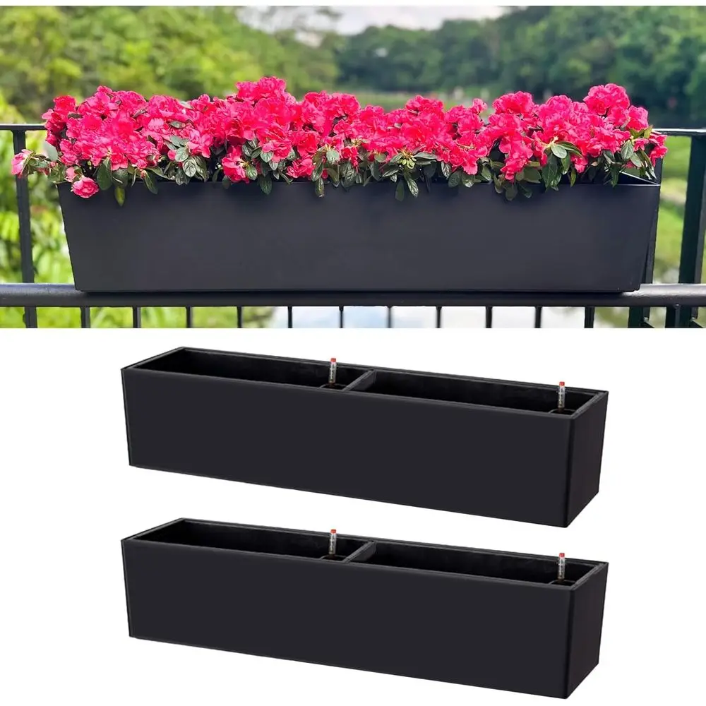 

LaLaGreen Rail Planter Boxes or Outdoor (2 Pack, 40") Hanging lower Pots with Bracket, Black Recular Sel Watering System Deck Ra