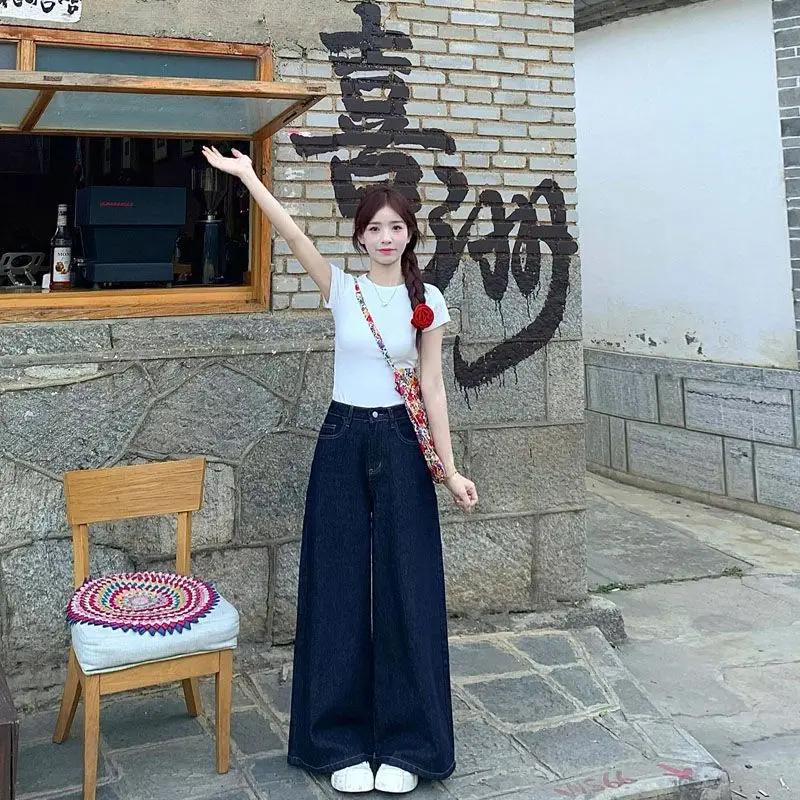 

Новые темно-синие брюки в корейском стиле с высокой талией, длиной в пол, свободные широкие джинсы для женщин Tall2025