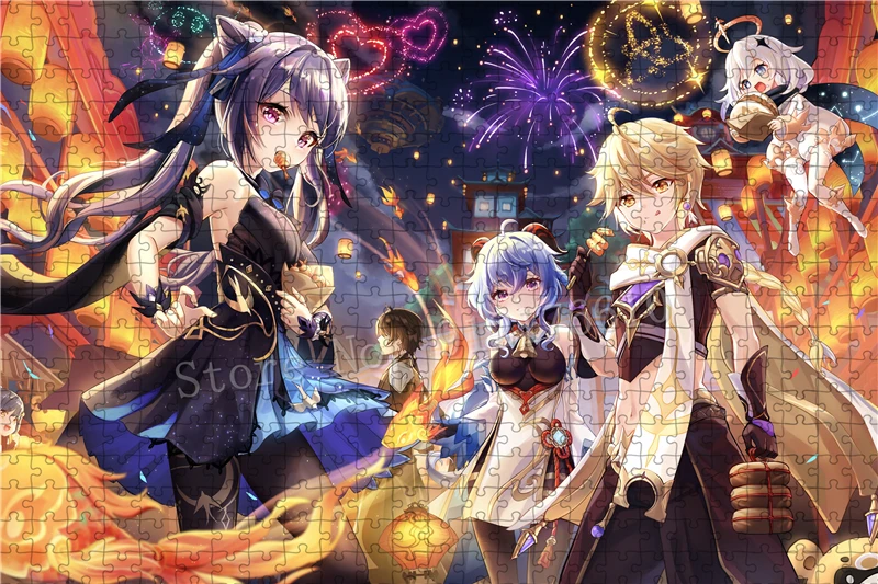 괴짜 게임 직소 퍼즐 Genshin Impact 300/500/1000 조각 성인 불꽃 놀이 축하 분위기 선물을위한 감압 퍼즐