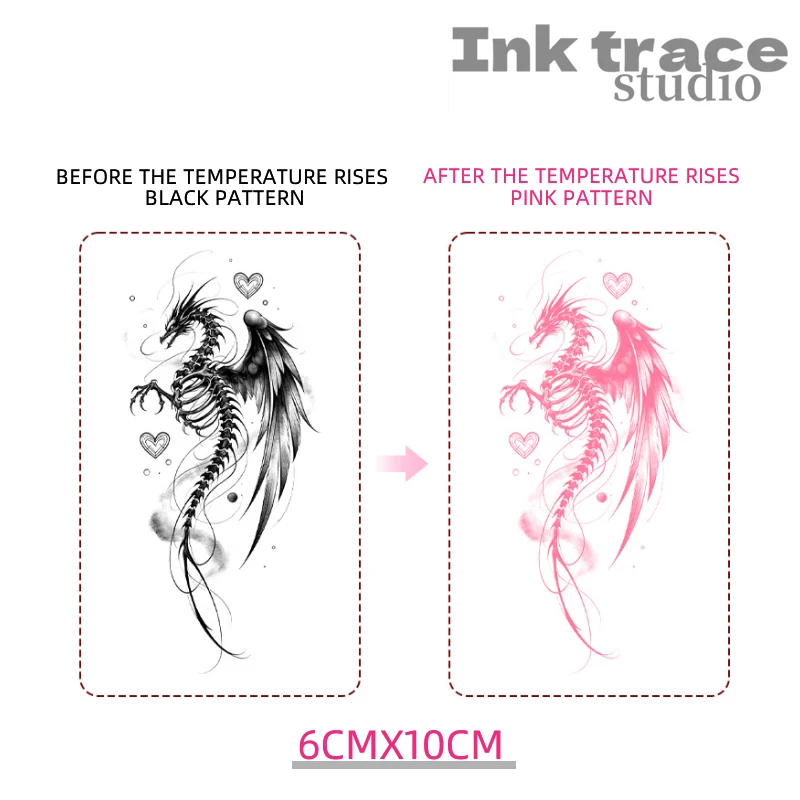 Color-Changing Skeleton Dragon Temporary Tattoo Waterproof Black to Pink Gothic-Style Heart-Shaped Body Art Sticker