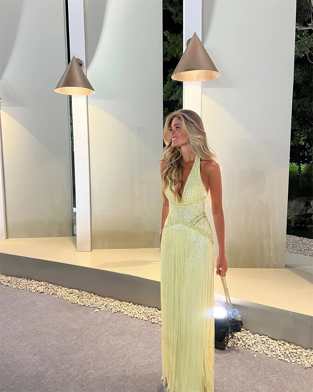 

Customized Elegant Halter Evening Dress Exquisite Jersey Sleeveless Prom Dresses Modern Beading Tassel Special Occasion Gowns