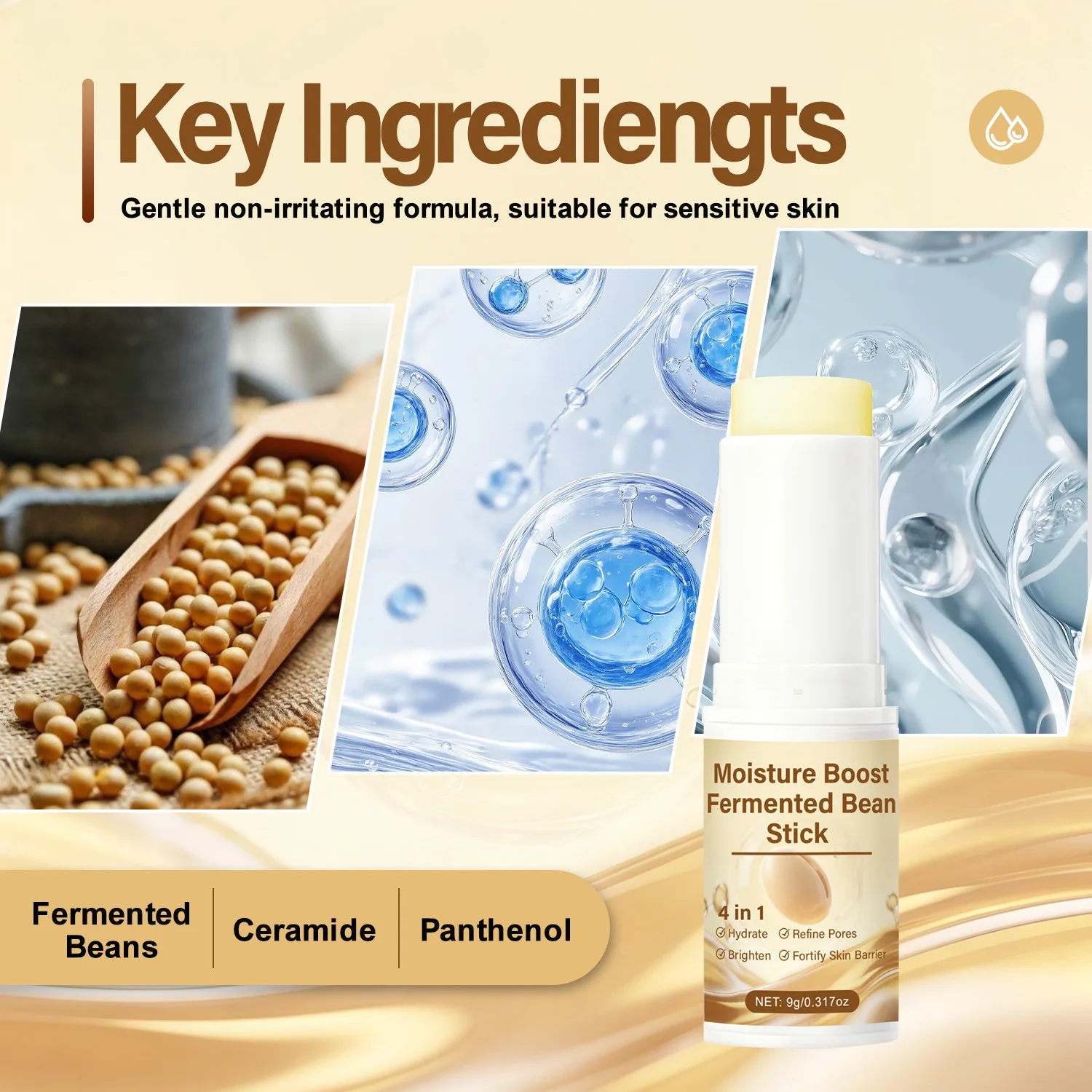 4-in-1 Moisture Boost Fermented Bean Stick with Ceramide & Panthenol – Brighten, Refine Pores & Fortify Skin Barrier.
