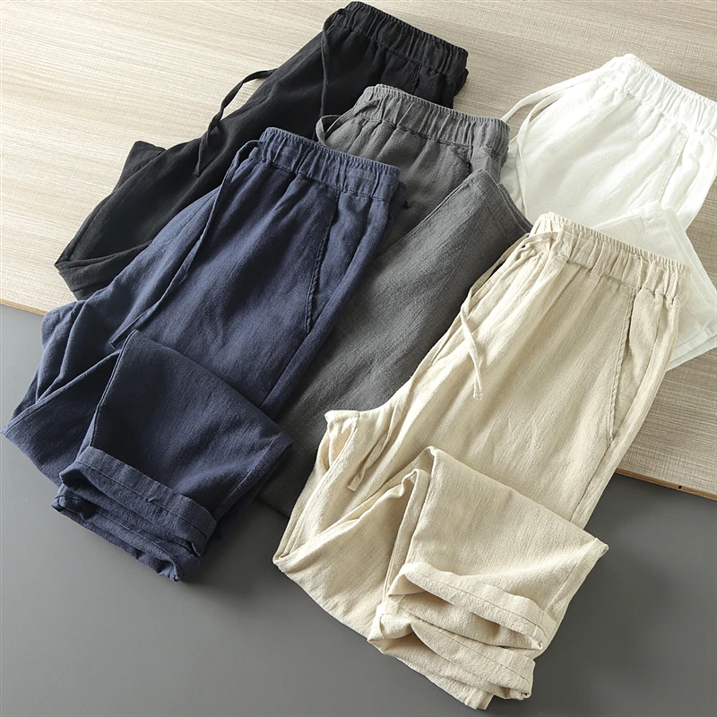 

Мужские повседневные брюки прямого кроя из хлопка и льна, летние, длиной 7/8, дышащие, комфортные, модные, городские, легкие