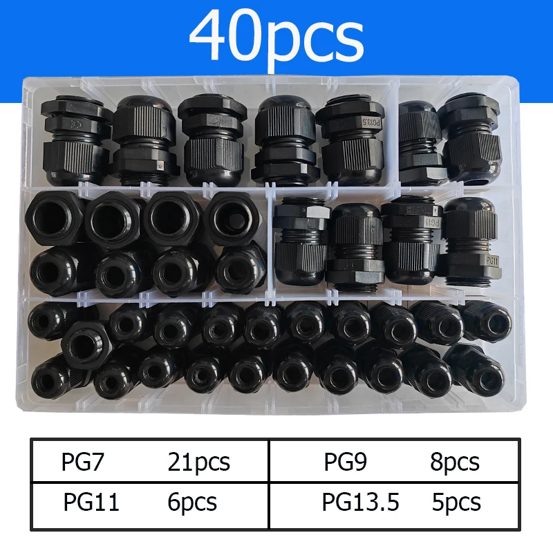40PCS IP68 PG7/PG9/PG11/PG13.5 Cable Gland Waterproof Connector Set - Electrical Wire Connection & Fixing Accessories