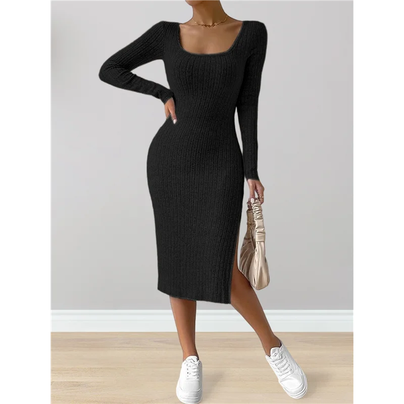 ABRT-Vestito autunnale da donna 2 Abito midi da spiaggia in maglia a maniche lunghe con scollo quadrato e abito maxi slim con spacco