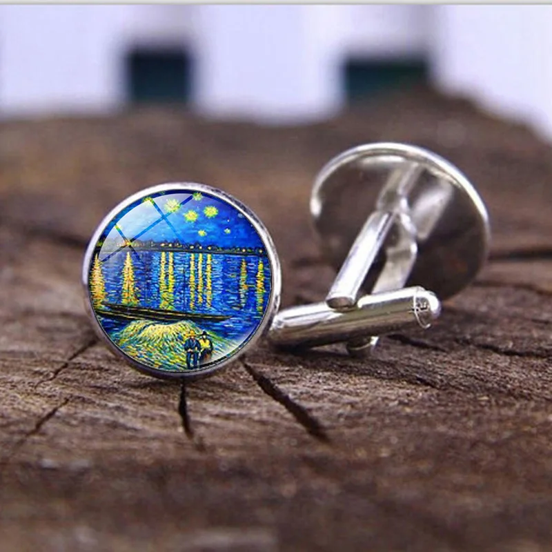 Van Gogh Oil Painting Glass Alloy Cufflinks Starry Night Sunflower Set Cufflinks Men\'s Shirt Cuff Nails Button Accessories