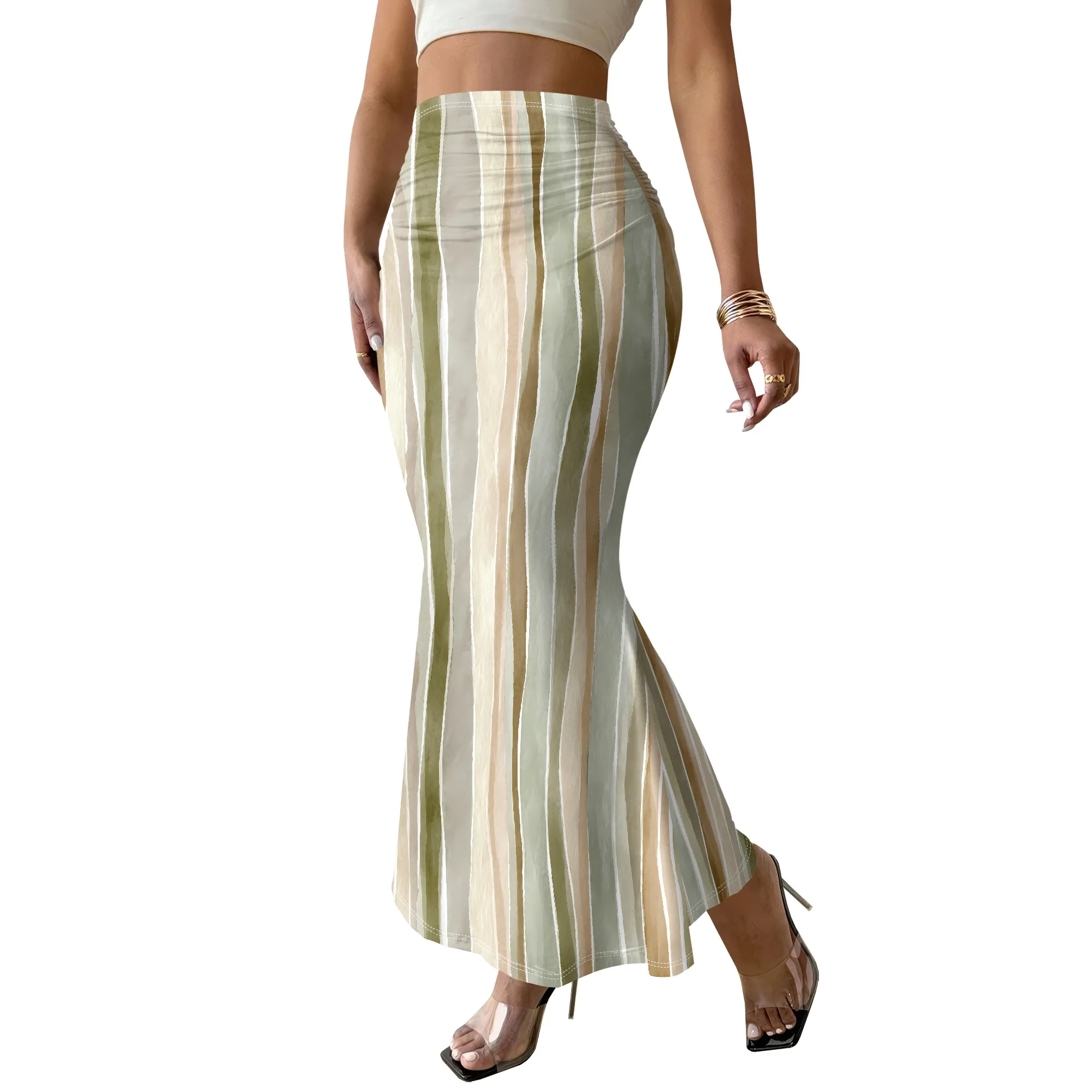Striped Mermaid Skirt, Vertical Print Midi Skirt, High Waist Bodycon Skirt, Summer Beach Party Wear, S-2XL