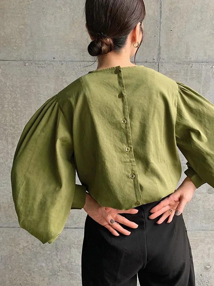 Estilo japonês senhora do escritório elegante blusa vintage feminino o pescoço solto lanterna manga camisas sólida all-amtch blusas outono senhoras topo