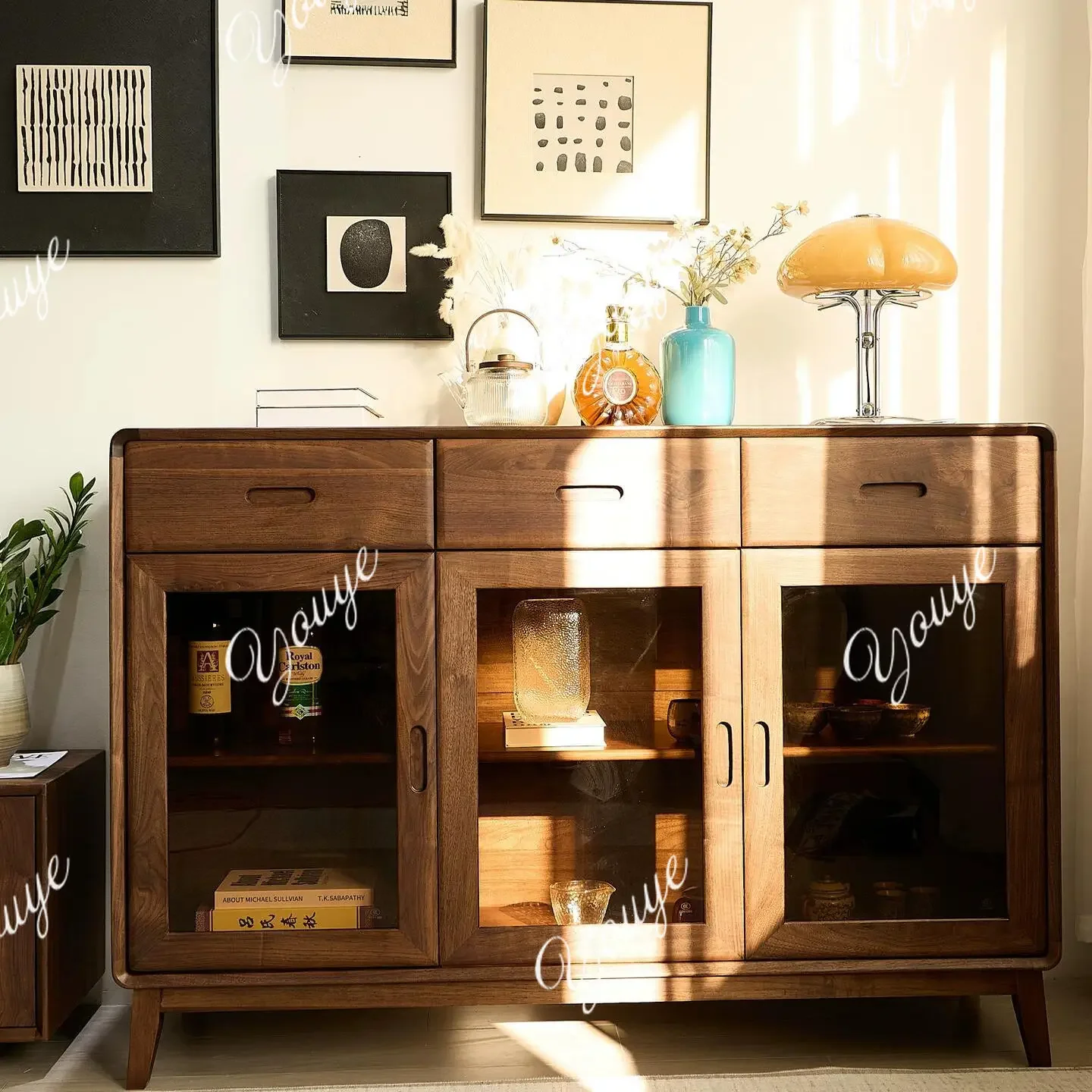 

J Log Wind Dining Side Cabinet Walnut Solid Wood Storage Locker Household Living Room Wall Tea And Wine Cabinet