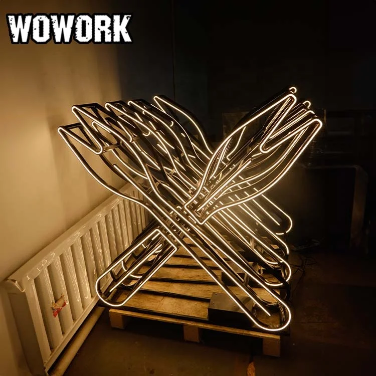 WOWORK metal Vintage Barbecue Shop Frame Neon Light Knife Fork Shapes Customizable Shop Mall Restaurant Decorative Background