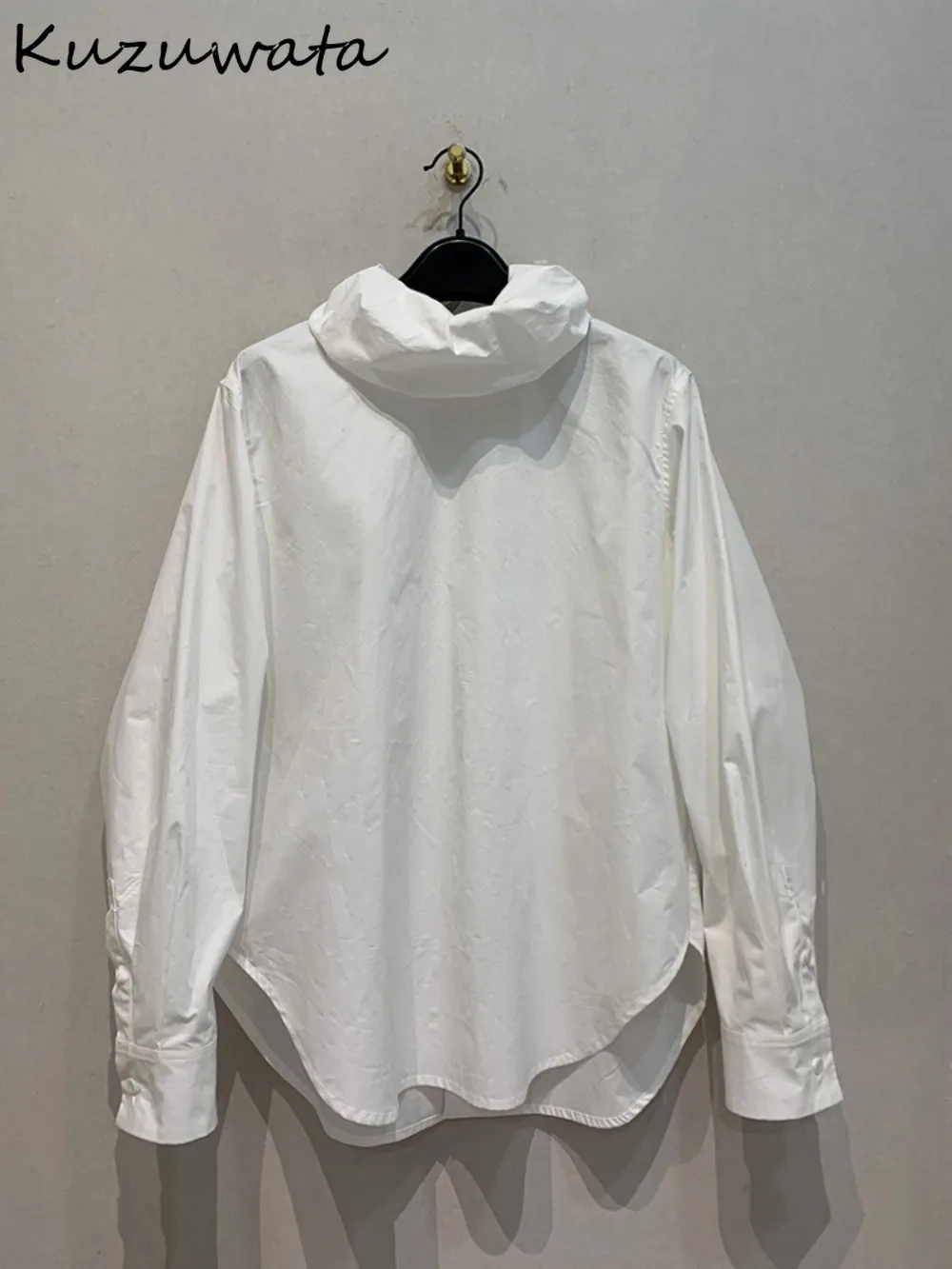 Kuzuwata Elegant Long Sleeve Pile Collar Irregular Blusas Simple Loose Temperament Soft Simple Shirt Japan Slim Fit Moda Blouses