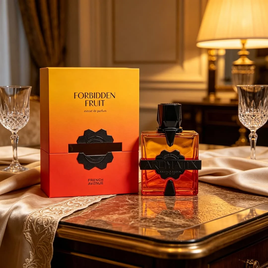 

French Avenue Forbidden Fruit Extrait de Parfum | Orange-to-red gradient glass bottle with black accents, bold fruity notes, all