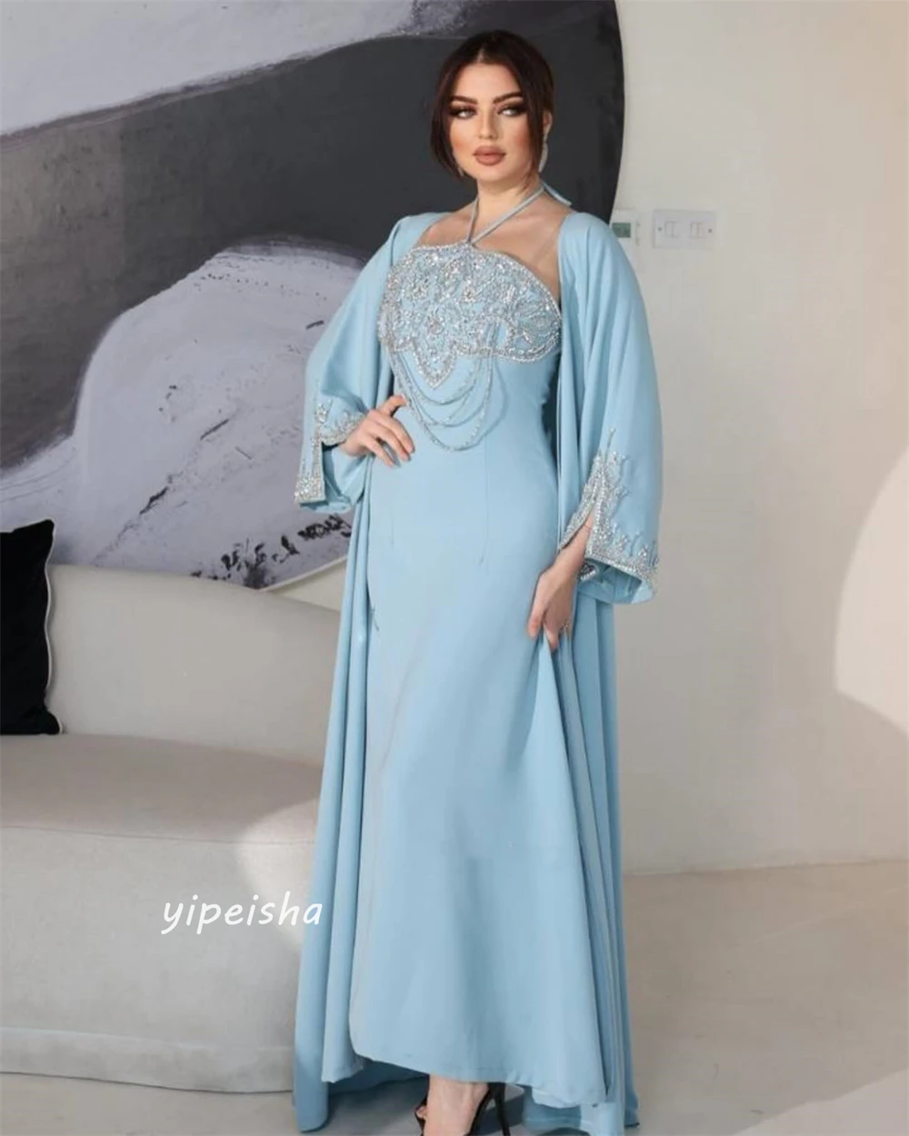 Customized Jiayigong   s Beading Draped Beach A-line Halter Bespoke Occasion Gown Midi es