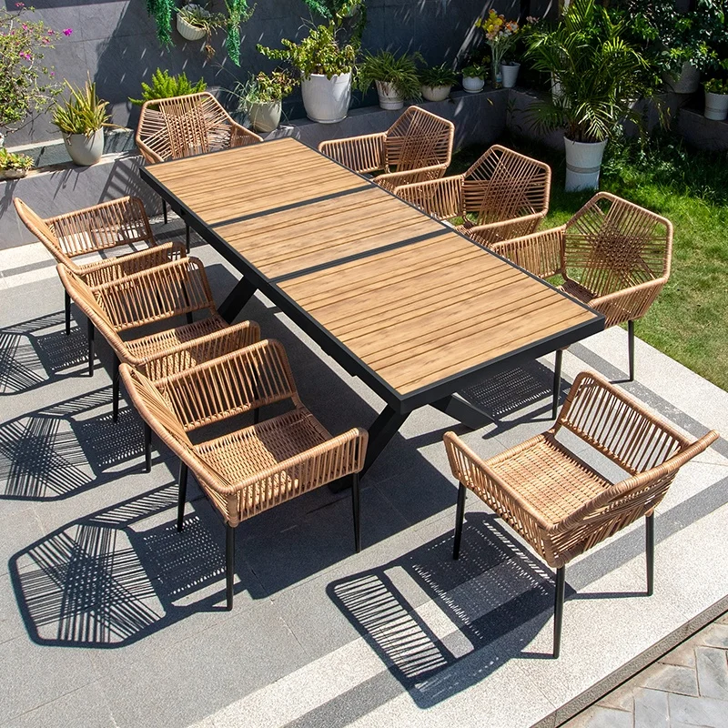 Luxury Outdoor Dining Table Composite Wood Patio Long Table And Chair 8 People Restaurant Outdoor Furniture Set