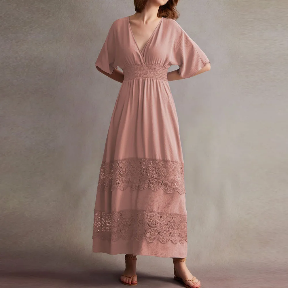 

Customized Exquisite Mother of Bride Dresses Lace Maxi Dress Short Sleeve V Neck Party Dress Smocked Waist Boho Maxi Dress 2025