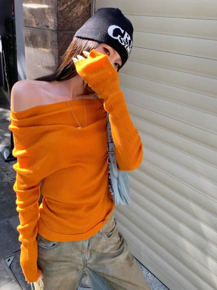 

Корейский модный женский бежевый коричневый короткий свитер с открытыми плечами и длинными рукавами, осень-зима, оранжевый плиссированный вязаный топ, универсальный