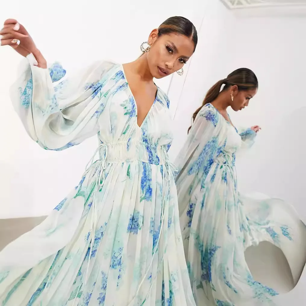 ลึก V คอผู้หญิงพิมพ์ชุดฤดูร้อนหลวม Boho ชุดลําลองแขนยาว Beach Party Dresses สําหรับผู้หญิง Robe Femme 2025