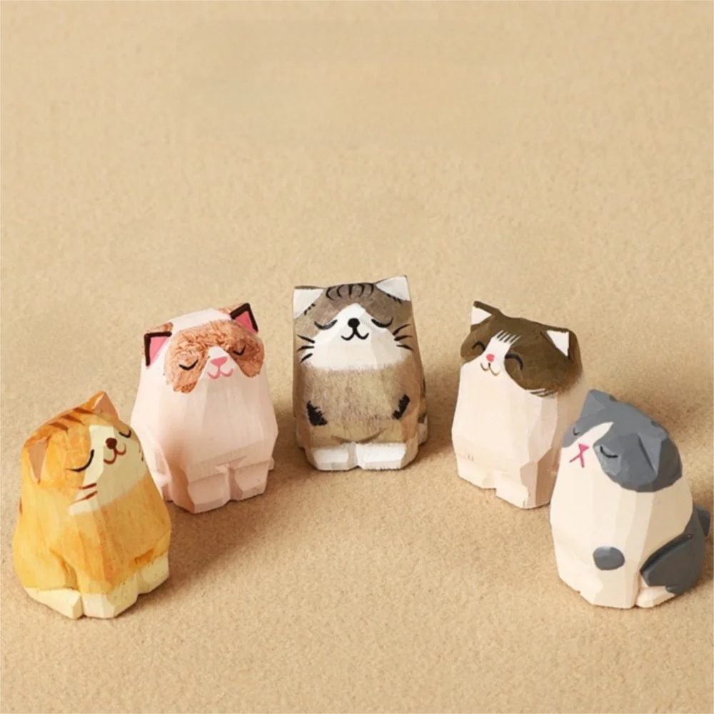 Cute Flower Wooden Carved Cat Keychain Beads Weave Rope Wood Kitty Dolls Pendant Kawaii Bag Hanging Car Keyring Girl/Boy