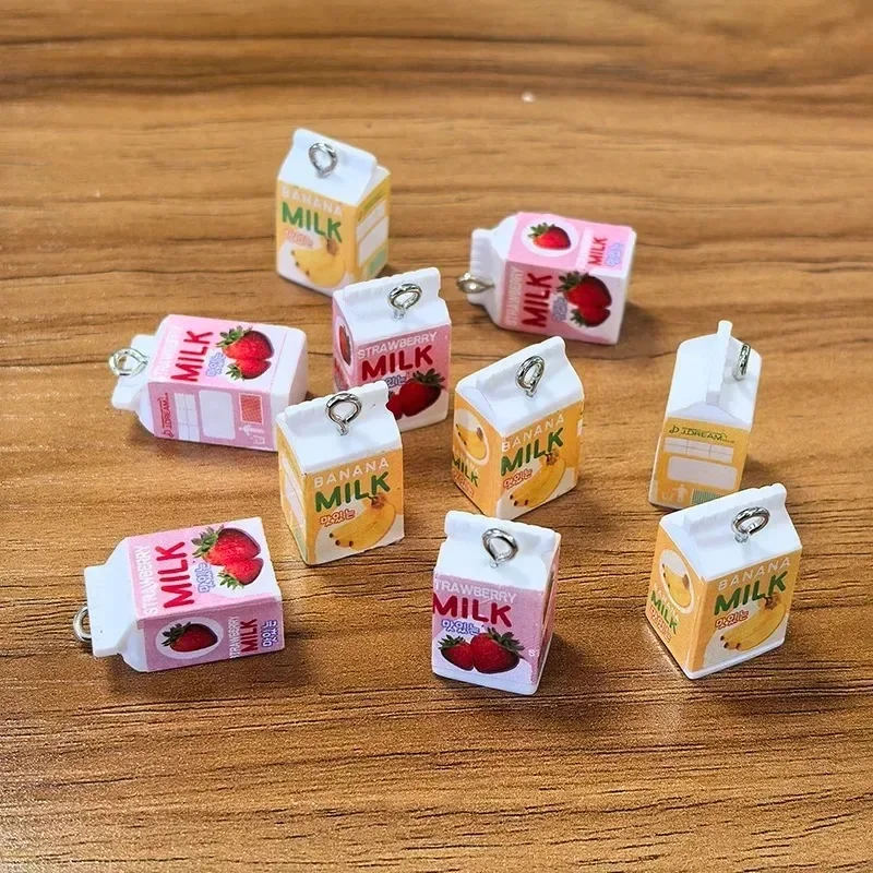 10Pcs 3D Resin Simulation Banana Strawberry Milk Box Charms, Beverage Pendants Bulk for DIY Craft Accessories Keychains Earrings
