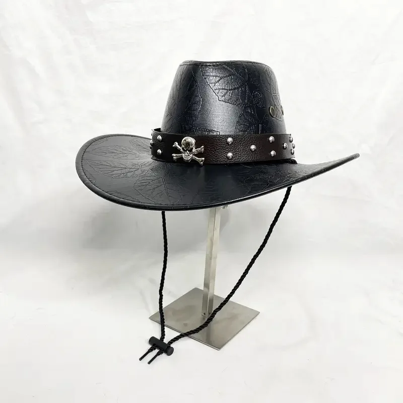 ホンルアン-ブラック-カウボーイ-アジャスタブルハット-puレザー-メンズ-トラベル-ウェスタン-ファッション-カウガール-ブルヘッドバッジ付き-アウトドアハット-レディース