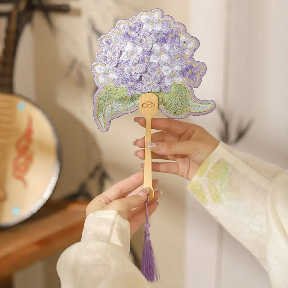 Ancient Handheld Embroidered Round Fan with Pendant Floral Shaped Chinese Style Fan Butterfly Tassels Group Fan Photography Prop