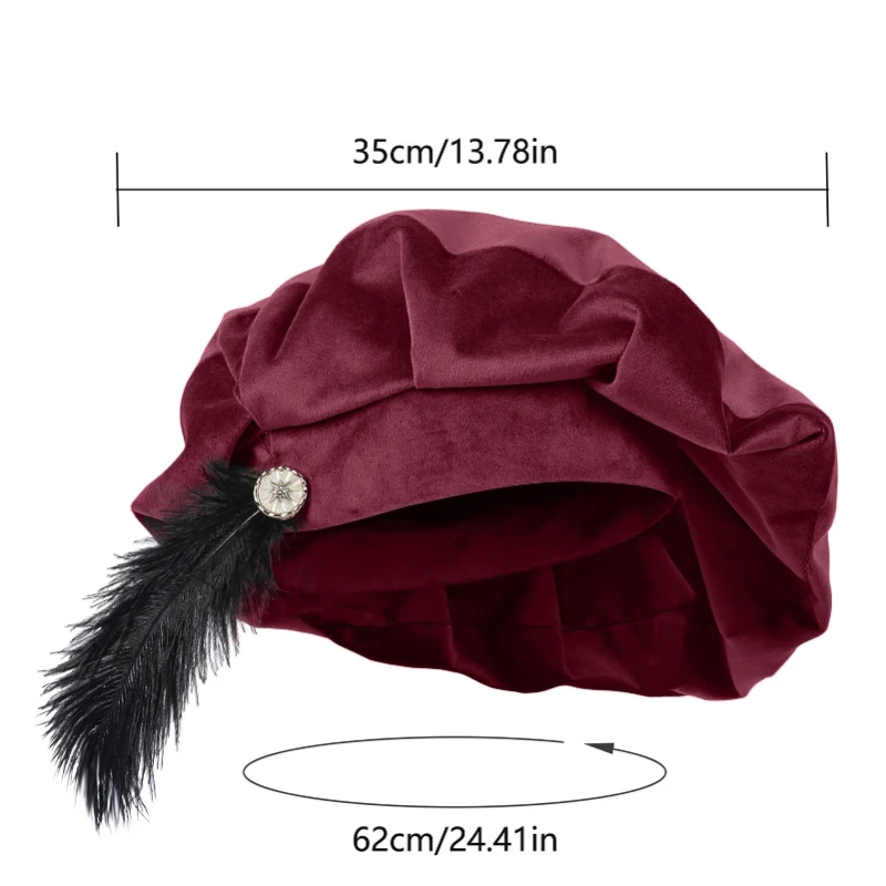 2026 Spring/Fall Red Medieval Tudor Feather Hat for Men,Clown Pudding Elizabethan Renaissance Men's Cap,Hat Circumference: 62 Cm