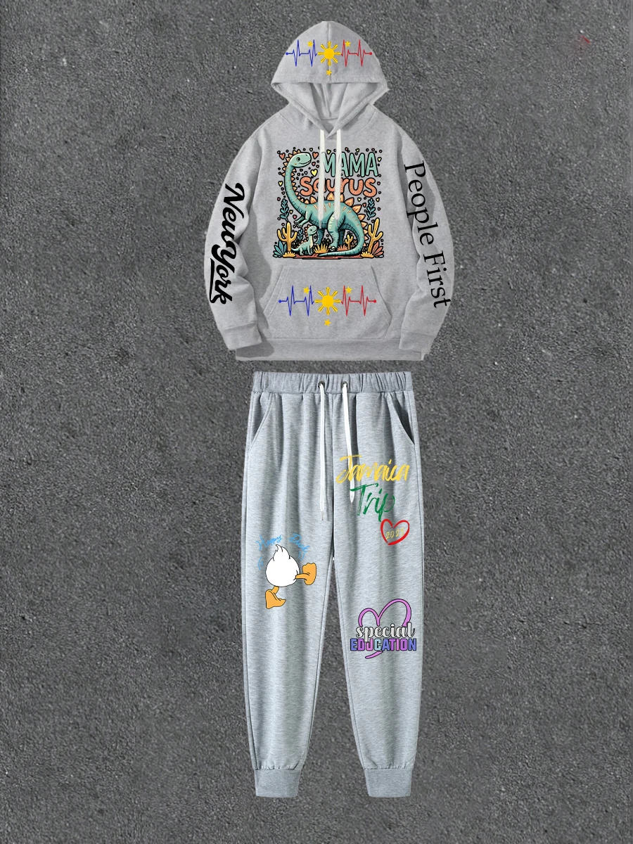 

Серая толстовка с двусторонним принтом в сочетании с повседневными брюками с принтом Свободная толстовка с капюшоном в уличном стиле с повседневными брюками