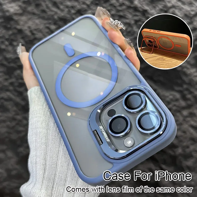 

With Lens Film Stand Comes Plating Phone Case For iPhone 15 Pro Max 14 13 12 11 With Stand Protect Shockproof Back Cover