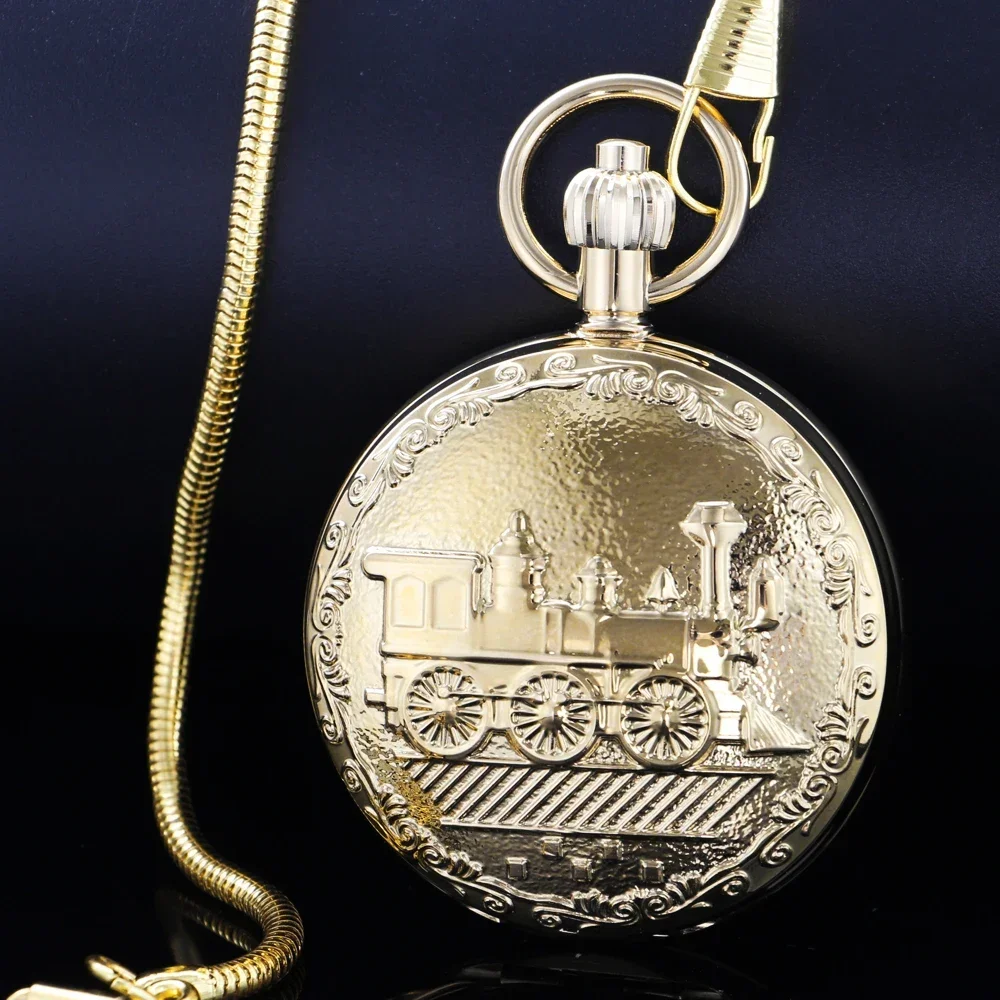 Gold Copper Steam Train Design Automatic Mechanical Men's Pocket Watch Gift Antique Chain Pendant Timepiece