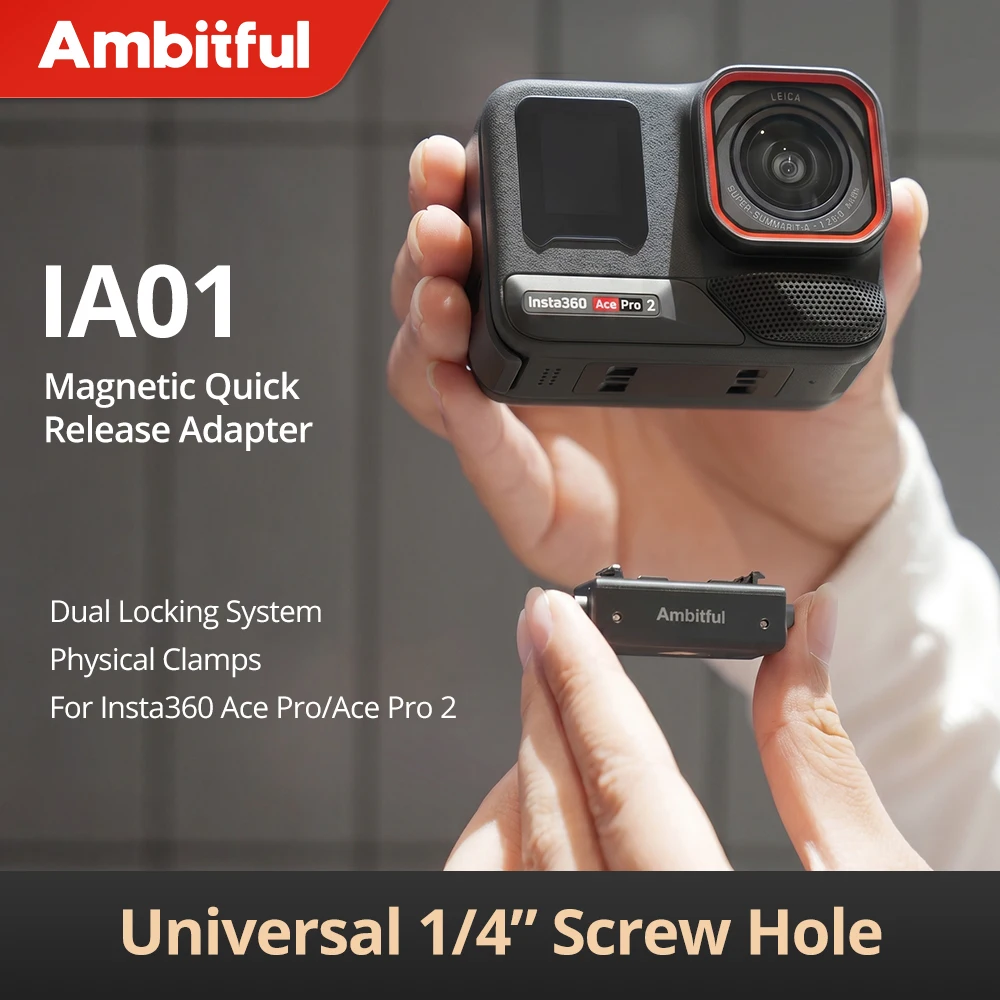 Adaptateur magnétique à dégagement rapide Ambitful IA01, système de double verrouillage, trou de vis universel 1/4 pouce pour Insta360 ACE PRO/PRO2