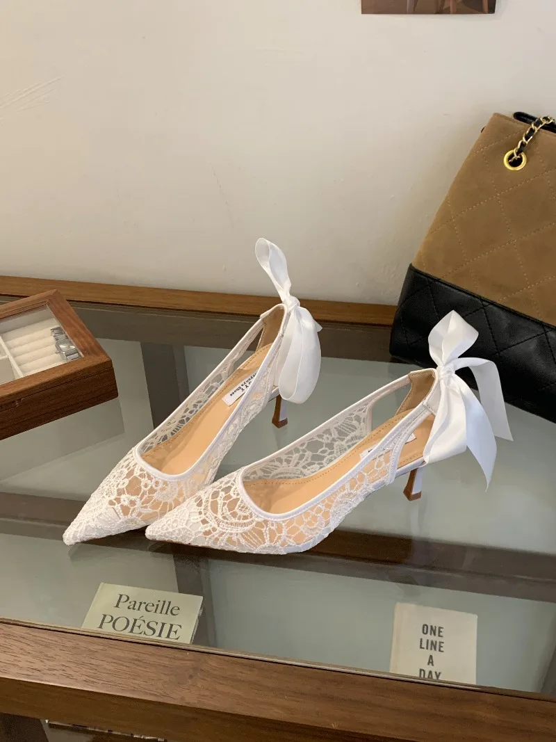 

Новые женские туфли на высоком каблуке с острым носком, сетчатые, с бантом, весна 2026