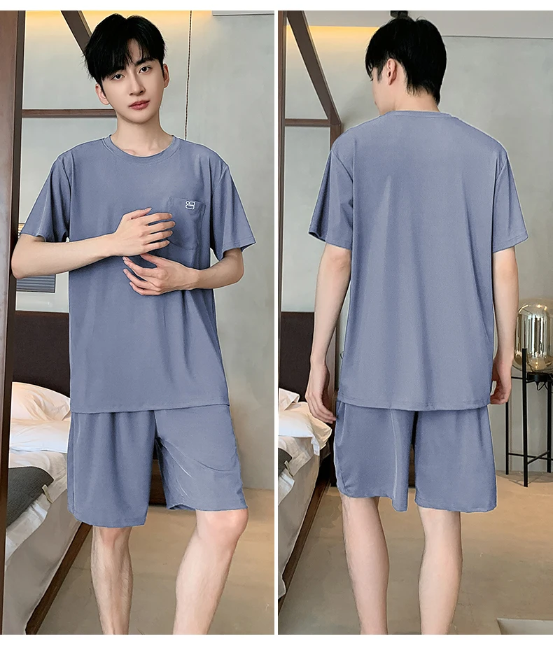 Sommerliches neues Herren-Pyjama-Set, kurzärmeliges Homewear-Set für Herren, einfarbig, lässiges Pyjama-Set für Teenager und Studenten. – Detail 9
