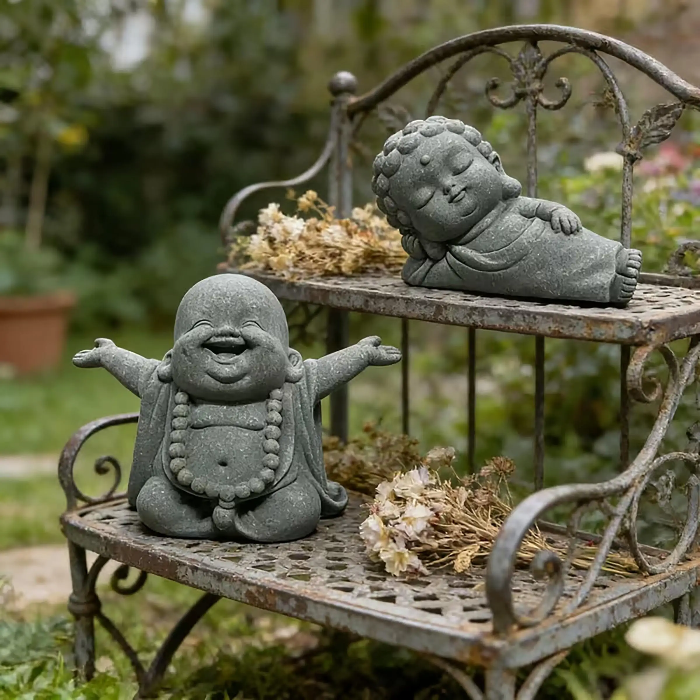 2pcs Zen Buddhist Statues, Stone Carved Maitreya Buddha Open Arms Laughing Belly, Lying Reclining Buddha, Cute Feng Shui Decor