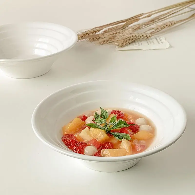 Pure White Horn Mouth Ramen Bowls Japanese Style Simple Ceramic Salad Tableware Cross-striation Porcelain Bowl