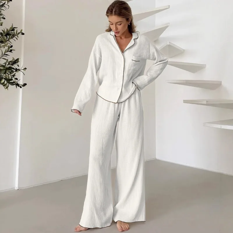 

2025 European American Autumn Women’s Loose Fitting White Cotton Wrinkled Long Sleeve Pajama Set Pants Home Sleep Wear Cotton L