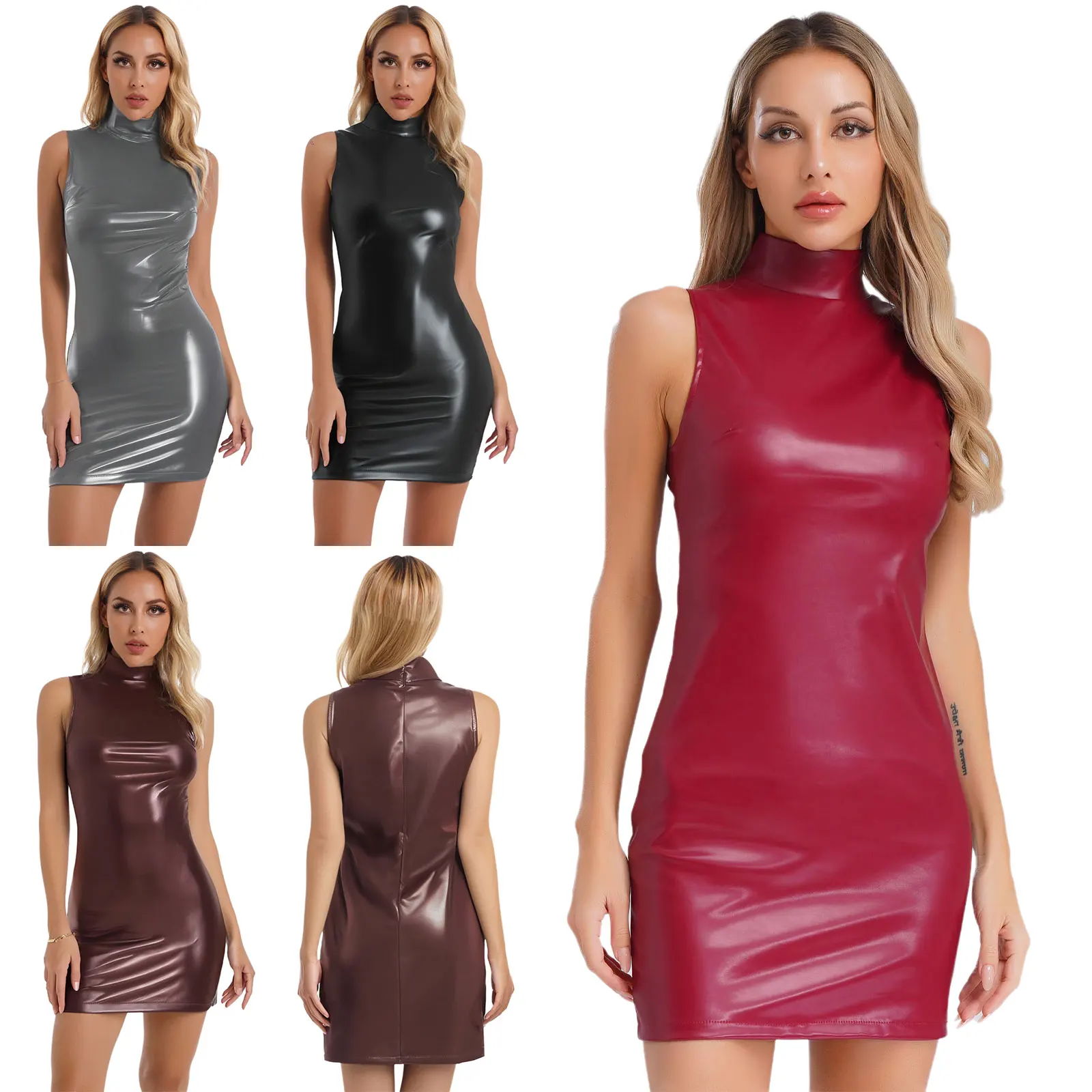 Dames PU-leer wetlook mini-jurk mouwloos opstaande kraag tank bodycon jurken dames nachtclub rave party street wear