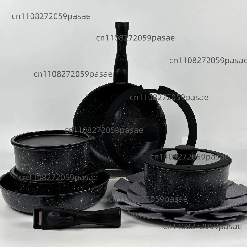 Wholesale 15 pieces of writing granite aluminum cookware sets with non-stick coating and detachable handles for home cooking