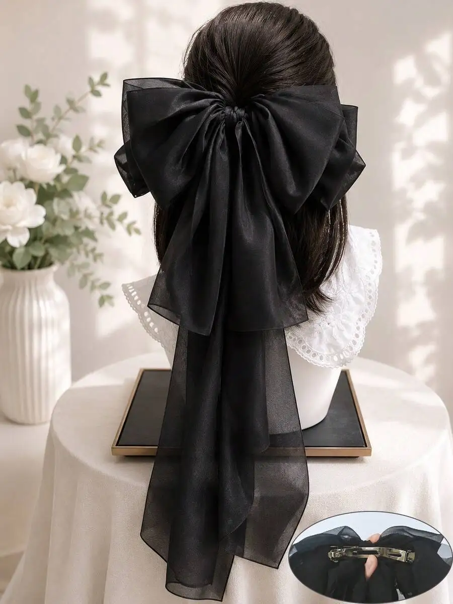 

Elegant French Style 3-Layer Tulle Bow Hair Clip With Long Satin Ribbon For Women