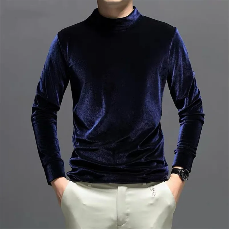 Velour Men's T-Shirt 2024 Spring Autumn Men's Long Sleeve Turtleneck Velvet Office Tops Fashion Streetwear T-shirts M-7XL