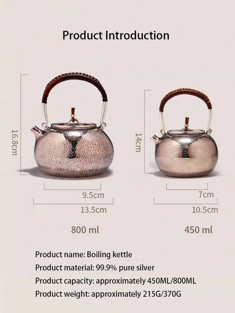 Pure silver 99.9% boiling teapot, handmade, one Japanese style tea ceremony boiling teapot, boiling water brewing teapot