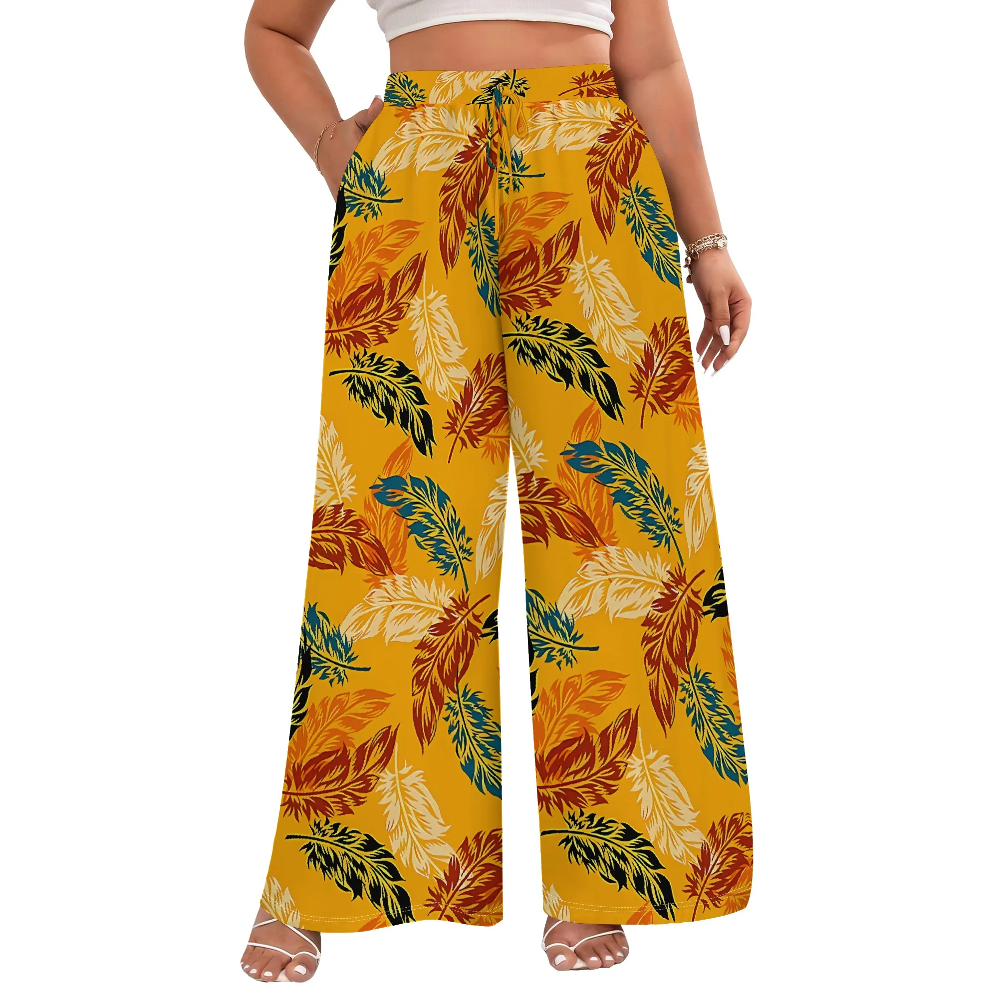 Nupusa Leaf Print Pants for Women Summer Casual High - Waisted Wide Leg Trousers