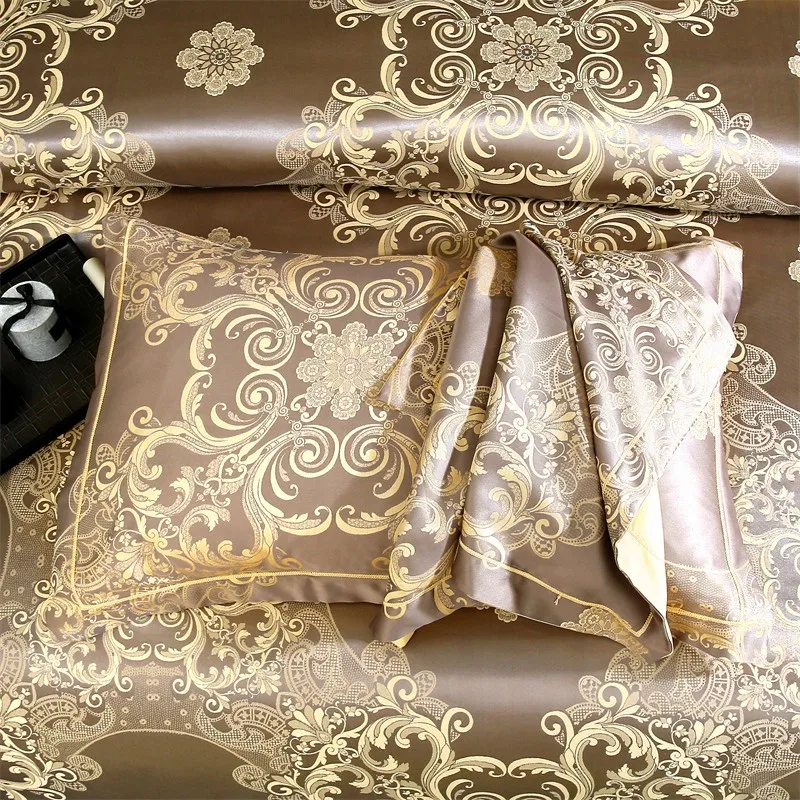 Double Queen Damask Jacquard Satin Duvet Cover 4Pcs Luxury Silk Like Bedding Comforter Cover with Zipper 1Bed Sheet 2Pillowcases