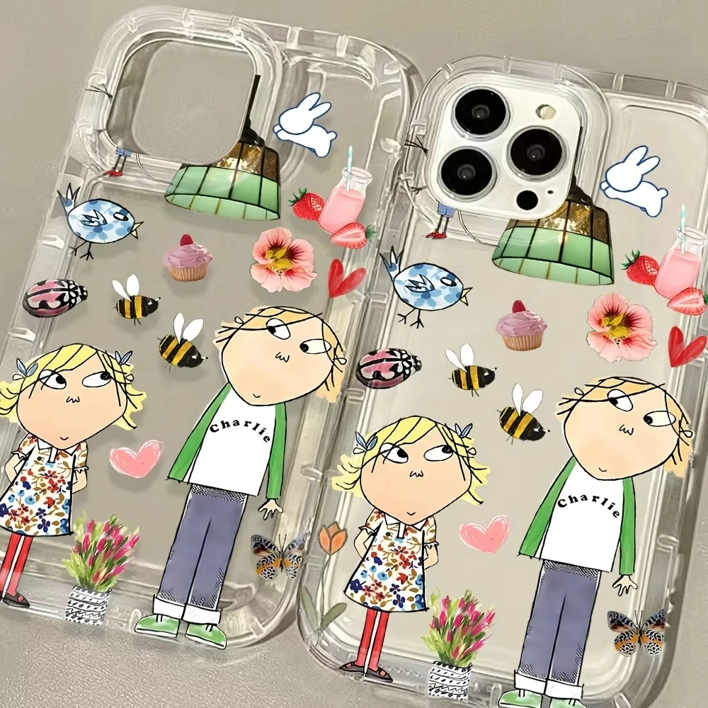 Capa Traseira Adorável com Estampa Charlie e Lola para iPhone 17 Air 16 e 15 14 13 12 11 Pro Max Plus Mini SE 2020 2022